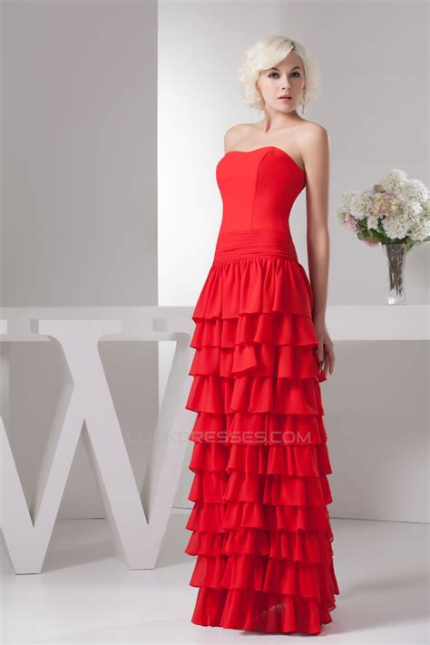 Sheathcolumn Strapless Chiffon Long Red Prom Evening Formal Dresses