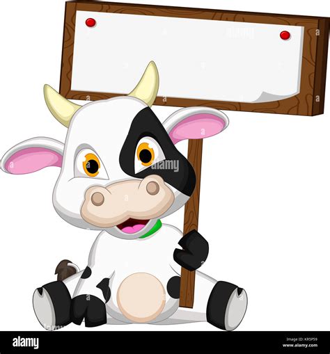 Cute Cow Cartoon Sitzen Mit Leeren Zeichen Stockfotografie Alamy