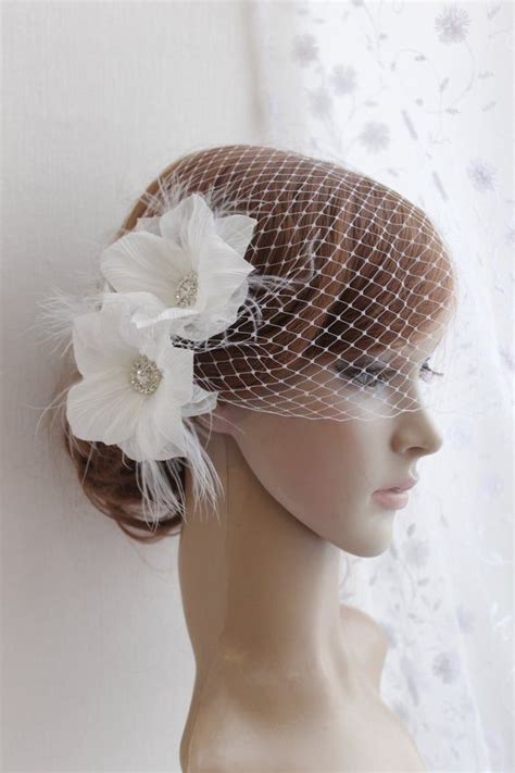 White Wedding Fascinator Birdcage Veil Bridal Soft White Flower