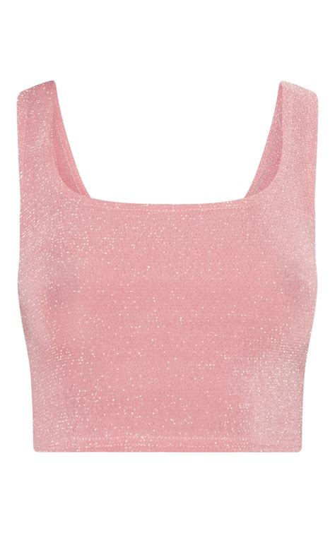 Light Pink Textured Glitter Crop Top Tops Prettylittlething