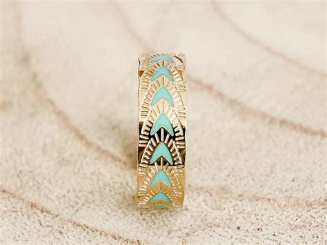 Gold Engraved Chevron Ring Turquoise Stackable Rings Boho Etsy