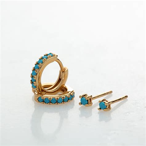 Turquoise Stone Huggie And Tiny Stud Set Of Earrings