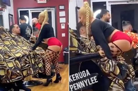 Nearly Naked Barber Penny Lee Gives Customer Lap Dance In