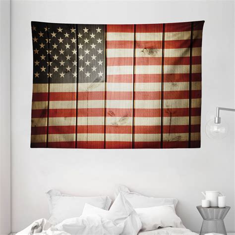 American Flag Decor Tapestry Usa Flag Over Vertical Striped Wooden Board Citizen Solidarity