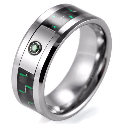 Shardon Mm Men S Tungsten Carbide Ring With Black And Green Carbon Fiber And Green Cubic