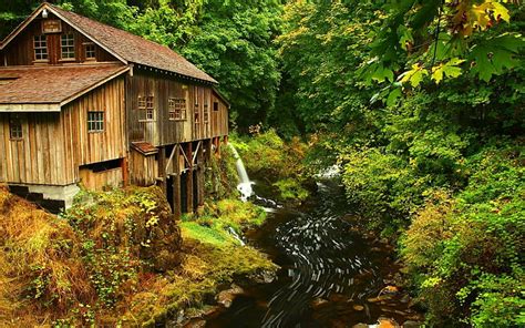 Hd Wallpaper Man Made Watermill Forest Stream Tree Waterfall