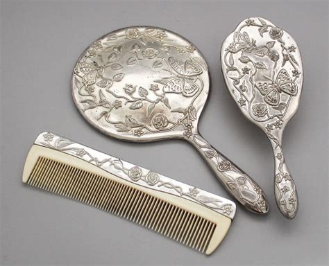 Vintage 1960s Silver Plate Vanity Set Hairbrush Hand Mirror Comb Roses