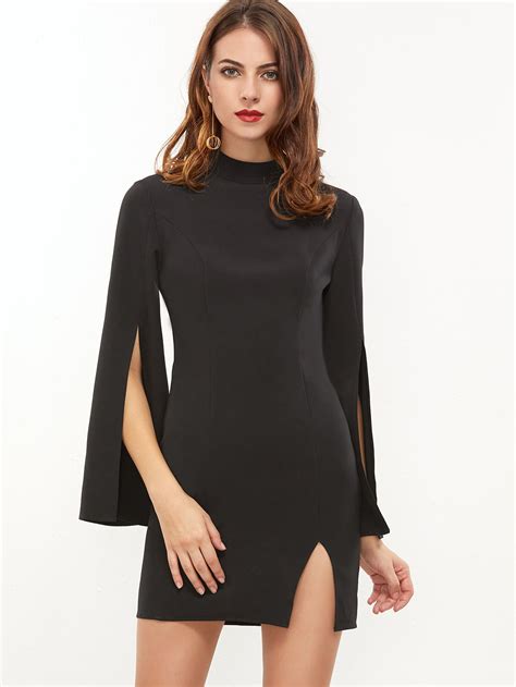 Shop Black Mock Neck Split Bell Sleeve And Hem Bodycon Dress Online Shein Offers Black Mock