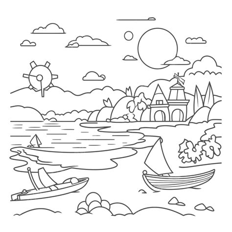 Hình ảnh Trang Tô Màu Bờ Biển Với Những Chiếc Thuyền Trên Biển Vẽ Phác