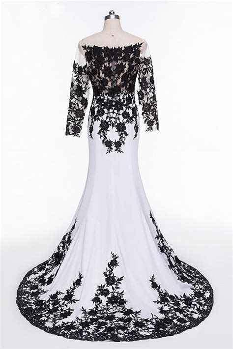 Buy Elegant White Black Lace Appliques Mermaid Long Sleeves Satin Prom Dresses Uk Js516 Online
