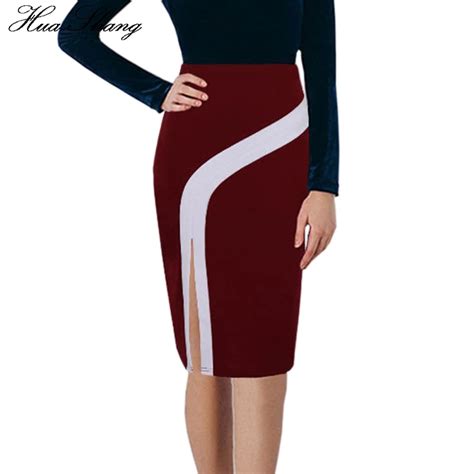 Contrast Color Patchwork Women Pencil Skirt Office Work Midi Skirts Elegant Split High Waist