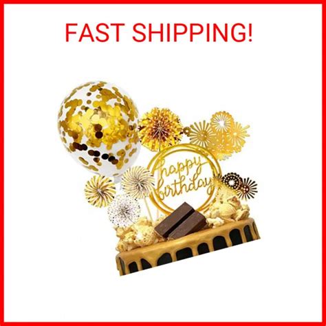 Movinpe Gold Cake Topper Cake Decoration Happy Birthday Paper Fans