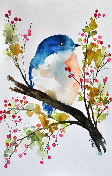 A Watercolor Painting Of A Blue Bird Sitting On A Tree Branch With Red