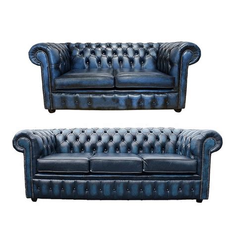 Chesterfield 32 Seater Antique Blue Real Leather Sofa Winchester Leather
