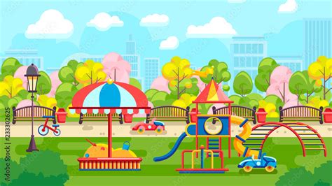 Colorful Cartoon Illustration With Urban Playground In Modern Park