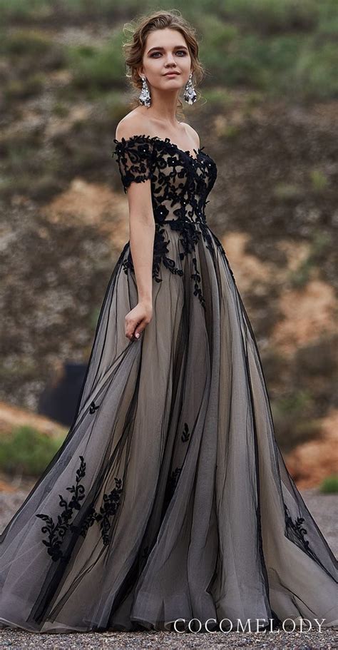 Cocomelody Wedding Dresses 2019 Black Off The Shoulder Lace And Tulle