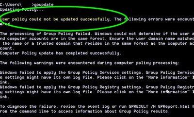User policy could not be updated successfully. Computer policy could not be updated successfully