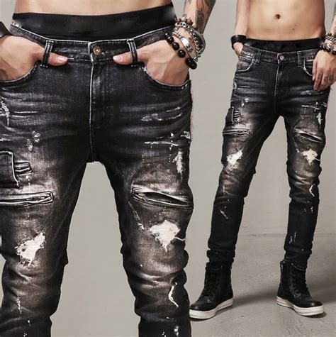 mens apretados vaqueros rotos slim fit jeans negro con agujeros para hombre vaqueros para