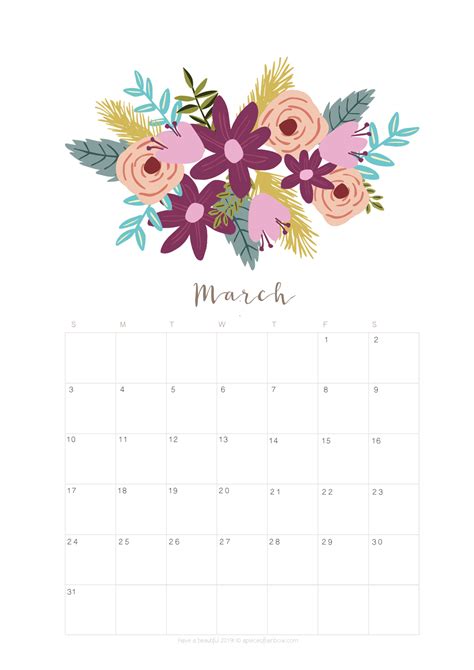 Printable March 2018 Calendar Monthly Planner Flower Design A Piece