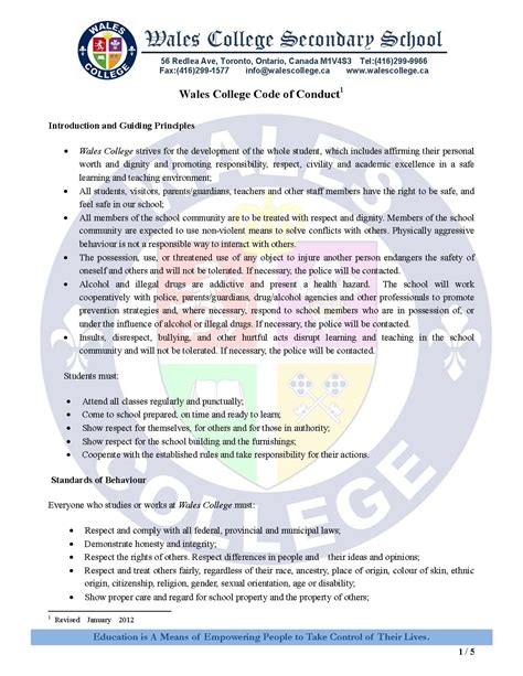 Code Of Conduct Wales College