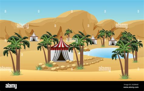 Oasis In Desert With Bedouin Camp Landscape For Cartoon Or Game