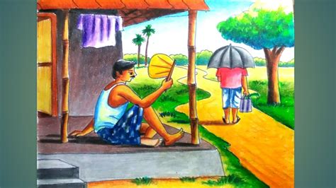 How To Draw Scenery Of Summer Season Step By Step Village Scenery