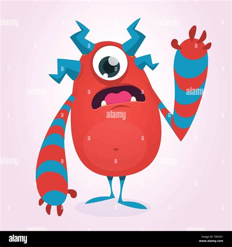 Cute Cartoon Monster Surprised Expression Waving Hand Vector Halloween