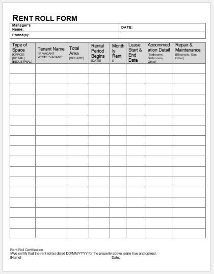 rent roll form templates  ms word word excel templates