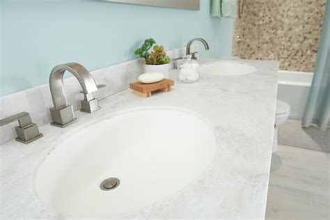 D solid surface vanity top in sand mountain with white basin and single hole with 2 reviews. Solid Surface Vanity Tops For Bathrooms | Wolf Home Products