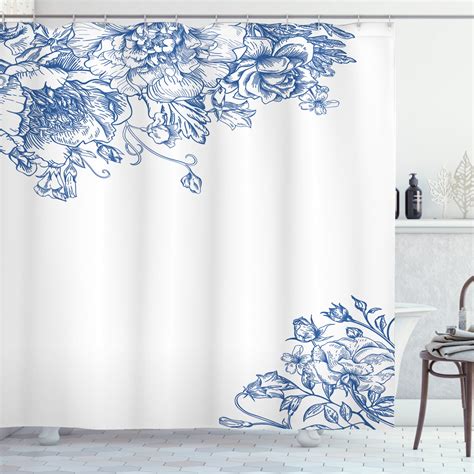 Vintage Blue Shower Curtain Vintage Style Floral Design With Peony