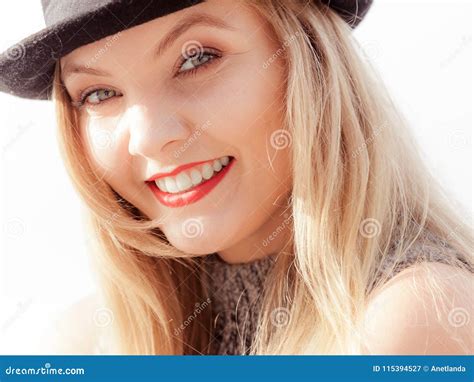 Woman Wearing Fedora And Jumper Outdoor Stock Image Image Of Blonde