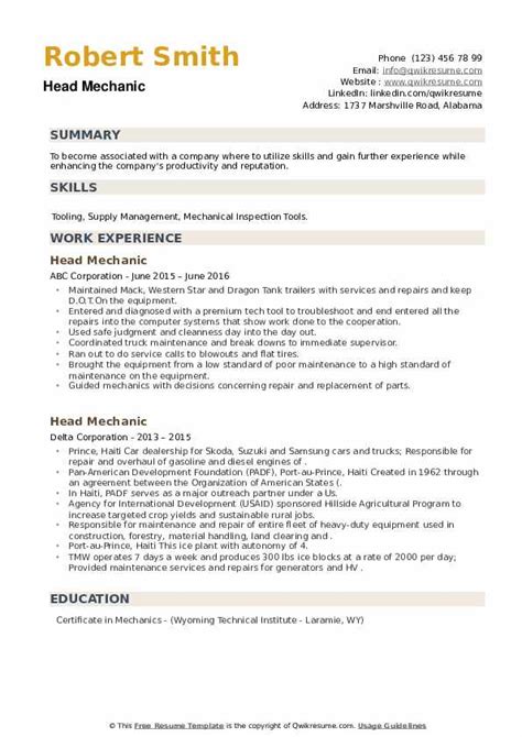 Nursery nurse cv example before you start writing, take a look over the cv example above. Head Mechanic Resume Samples | QwikResume