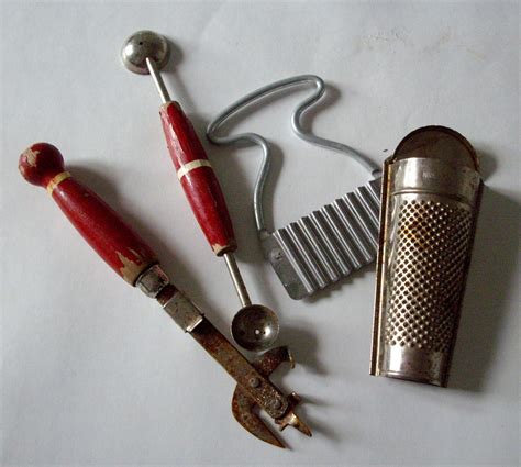 Vintage Kitchen Gadgets Chippy Red Rusty Set Of 4