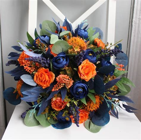 Burnt Orange Navy Blue Wedding Bouquet Silk Flower Bouquet Etsy