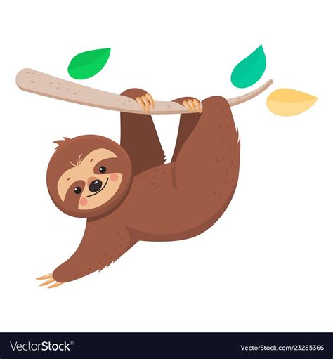 Joyful Cute Cartoon Sloth Hanging On A Branch Vector Image Sloth Drawing Sloth Sloth Cartoon