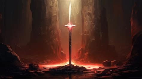 Premium Ai Image Sword Stuck In A Big Stone Magical Atmosphere