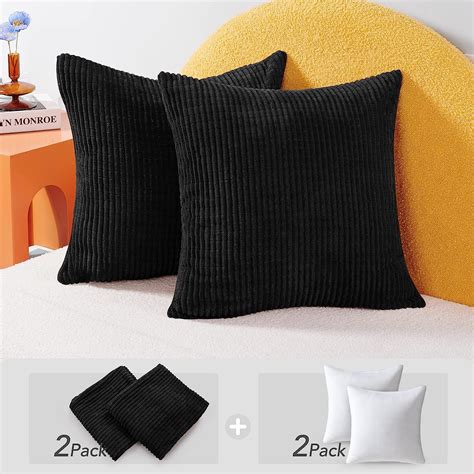 Deconovo Throw Pillow Covers 16x16 Inch Corduroy 2 Pieces In Black Bundle With 2