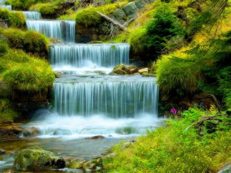 River With Cascading Waterfall Water Stones Green Grass Ultra Hd