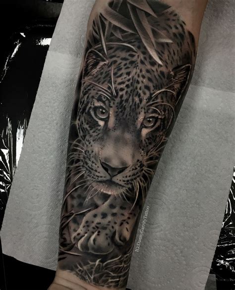 Mens Forearm Sleeve Tattoo Realistic Leopard In Black And Grey