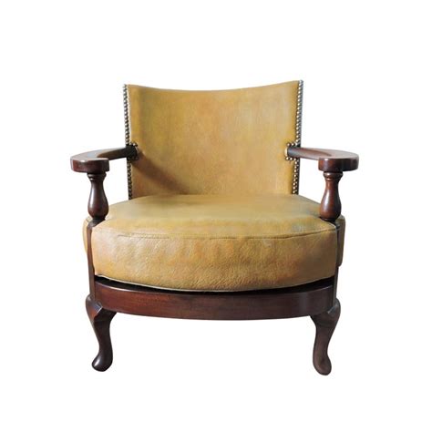 Vintage Mustard Yellow Leather And Wood Tub Chair For Sale At 1stdibs