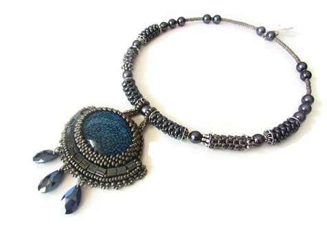 Blue Bead Embroidery Necklace Embroidered Necklace