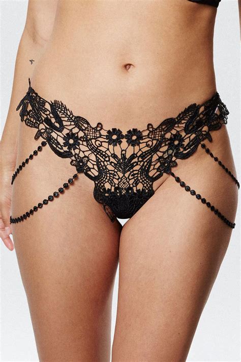 Us 15 Dropship Black Beaded Chains Embroidered Lace Thong