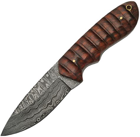Dm1141 Damascus Steel Hunter Knife Grooved Rosewood Handles
