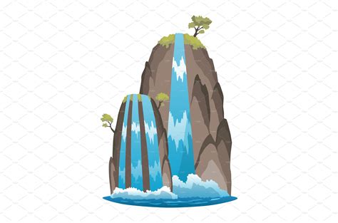Waterfall Cartoon Landscape Vector Graphics ~ Creative Market