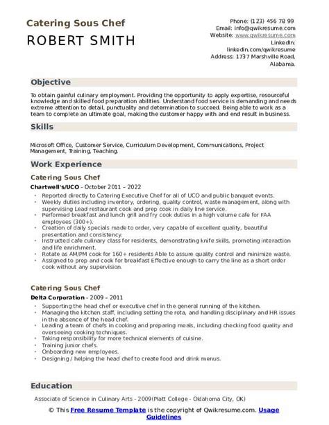 Catering Sous Chef Resume Samples Qwikresume