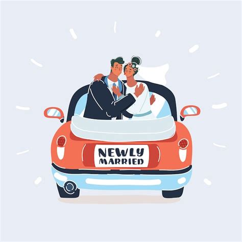 Casal recém casado no carro em fundo branco Vetor Premium