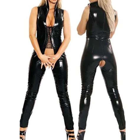 Wetlook Women Shiny Black Spandex Vinyl Leather Catsuit Open Crotch Adult Sex Fetish Jumpsuit