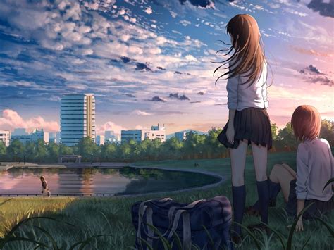 Wallpaper School Uniform Landscape Scenic Clouds Park Anime Girls
