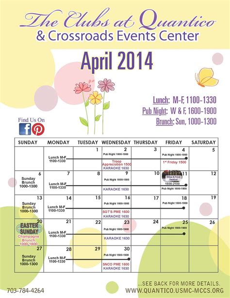 April Calendar Of Events Quantico Sunday Monday Tuesday Event Center