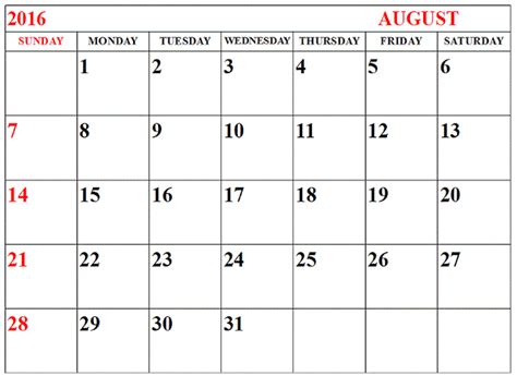 August 2016 Printable Calendar Landscape A4 Portrait